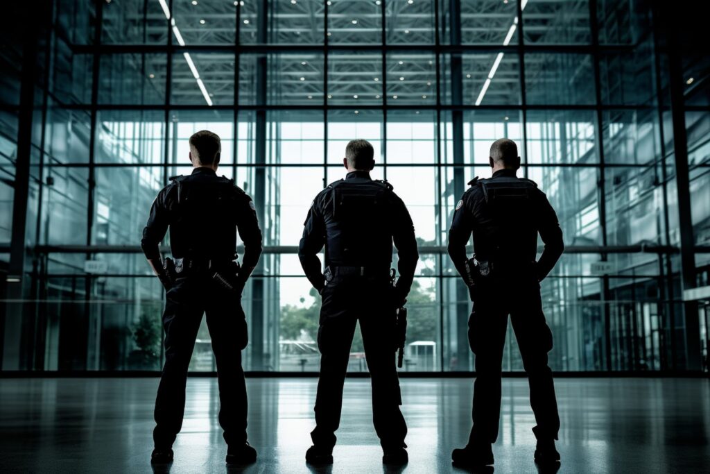 Agentes de seguridad de espalda